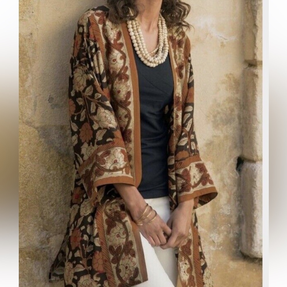 Soft Surroundings Mara Topper Brown Floral Print Open Front Kimono Cardigan L